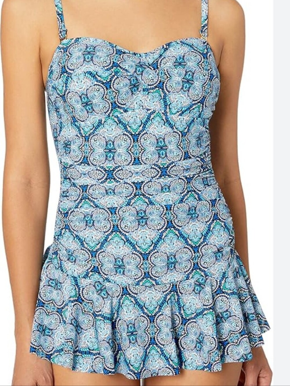 Chaps Size 18 Women's Swim Dress Spaghetti Strap Frilly Ruffle Plus Size Blue